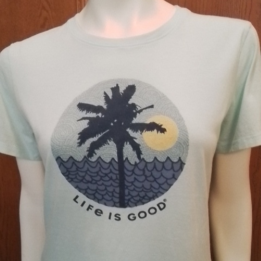 Life Is Good Light Aqua Blue Short Sleeve Tee, Cotton/Poly, M.